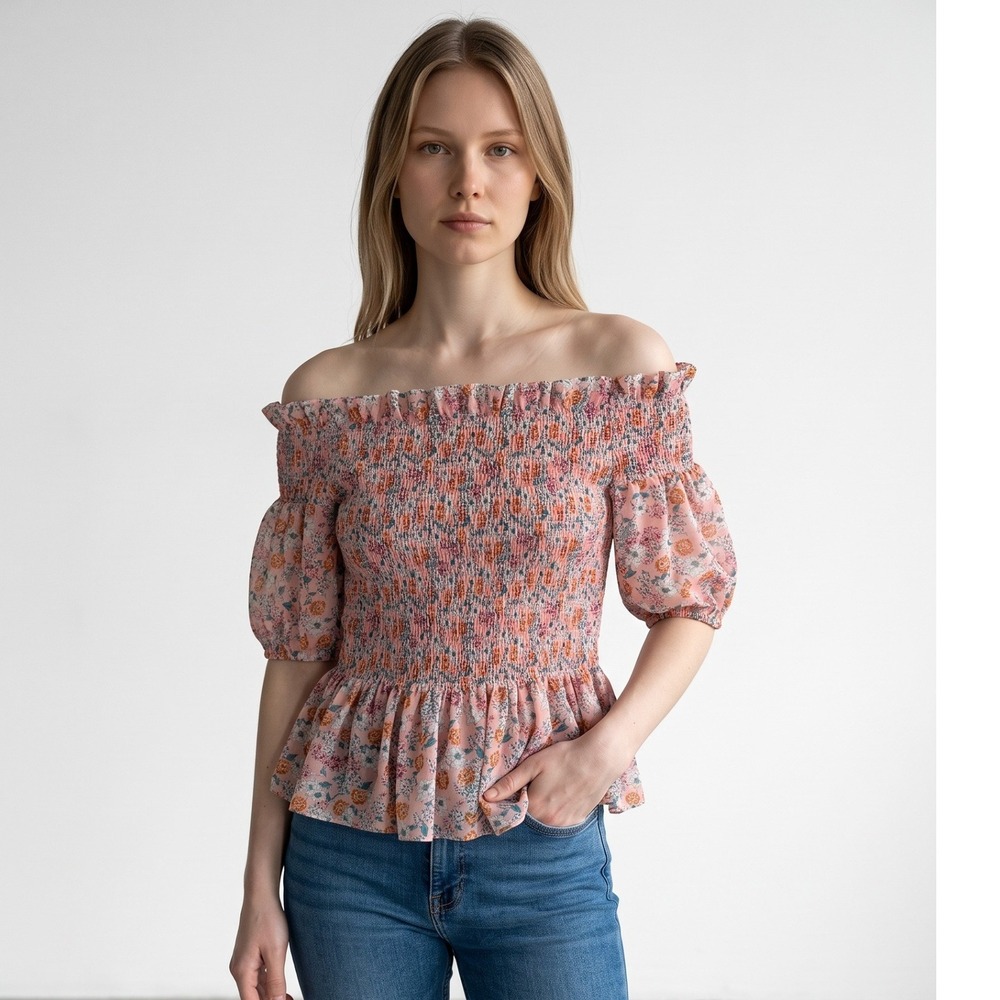 Socialite Smocked Off the Shoulder Floral Blouse Pink Chiffon Medium